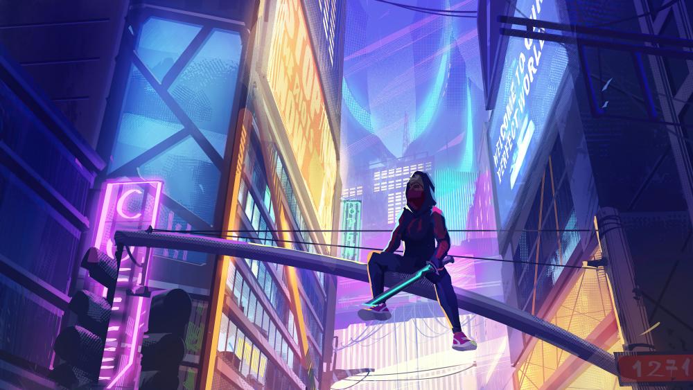 Neon Ninja in Futuristic Cityscape wallpaper