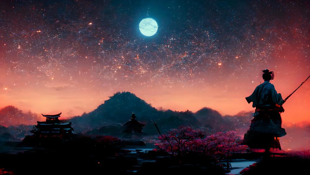 Samurai Under the Moonlit Starry Sky wallpaper