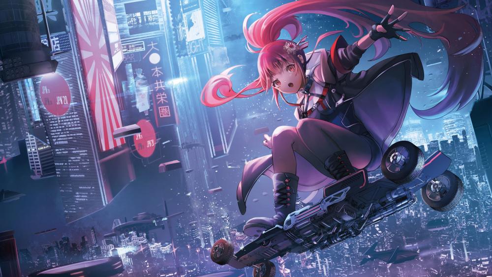 Hoverboard Adventure in Neon-Lit Anime City wallpaper