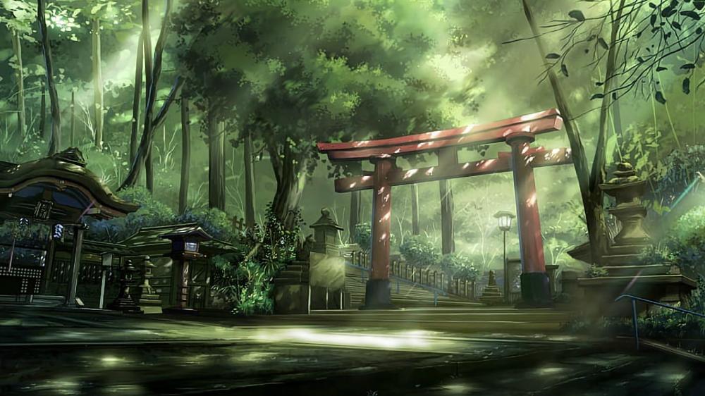 Mystical Forest Shrine at Dawn wallpaper