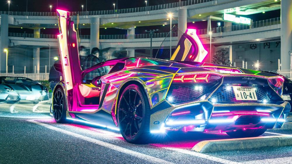 Lamborghini Aventador Gleaming in Neon Lights wallpaper