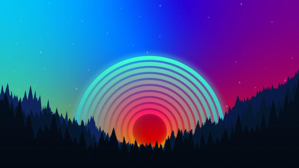 Vibrant Neon Sunset in Enchanted Forest wallpaper