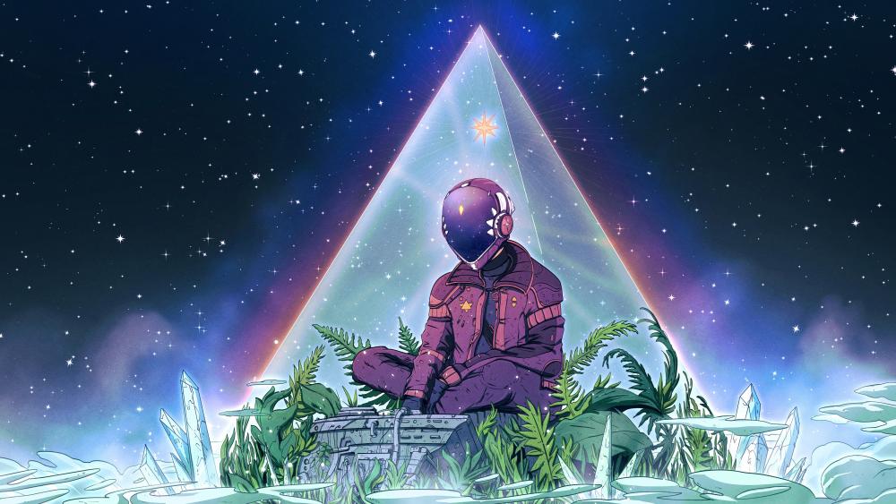 Meditative Astronaut in Cyberpunk Pyramid wallpaper