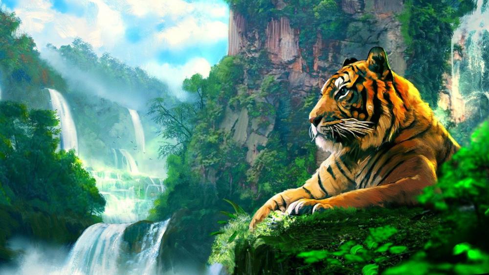 Tiger's Tranquil Oasis in Nature's Embrace wallpaper