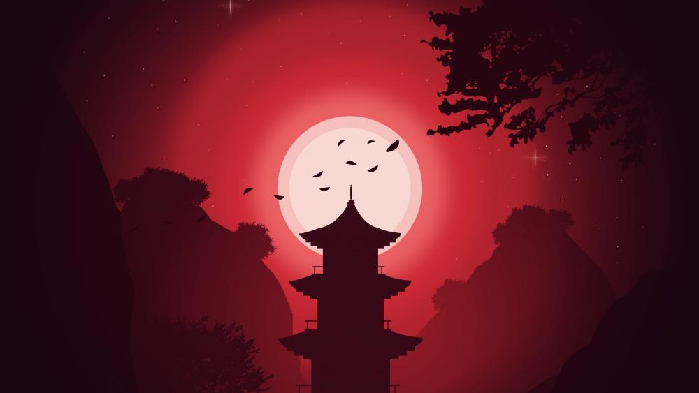 Crimson Sky Pagoda Silhouette wallpaper