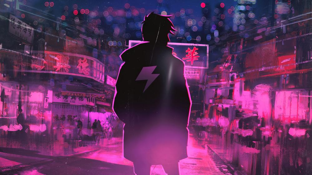 Neon Nightscape with Anime Silhouette wallpaper