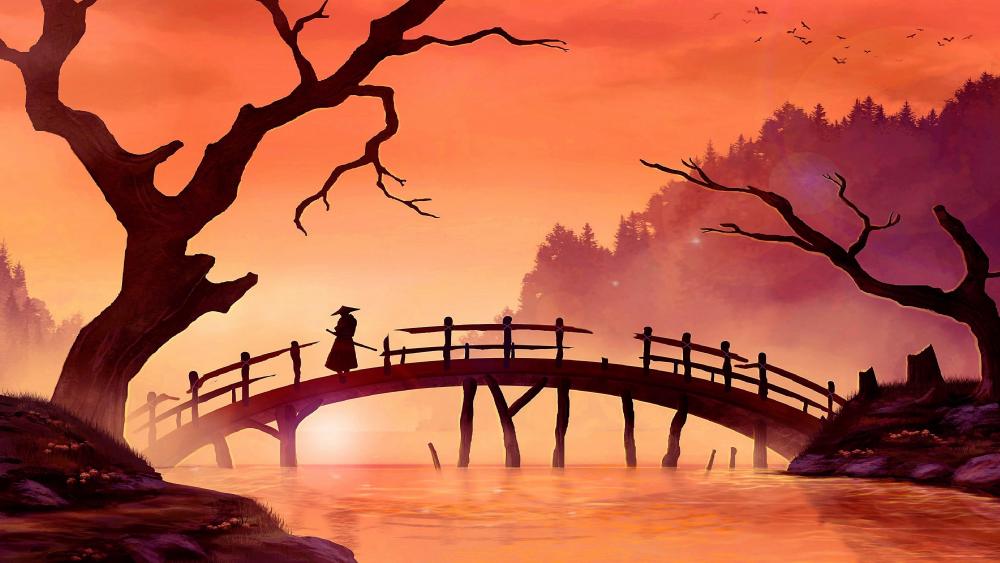 Samurai Silhouette at Sunset Bridge wallpaper