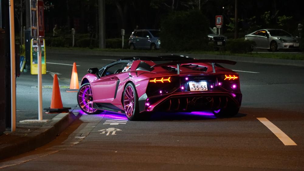 Lamborghini's Night Prowl in Neon Lights wallpaper