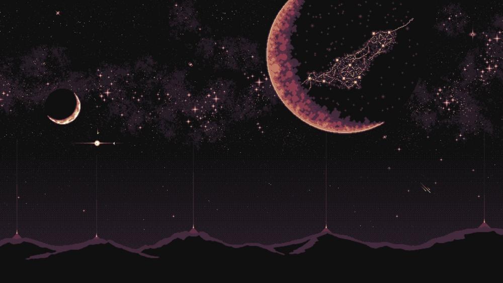 Starry Pixel Night Over Mountain Peaks wallpaper