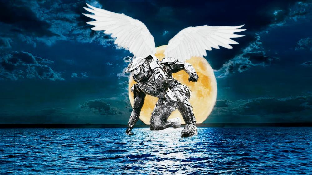 Warrior Angel Descending in Moonlit Seascape wallpaper