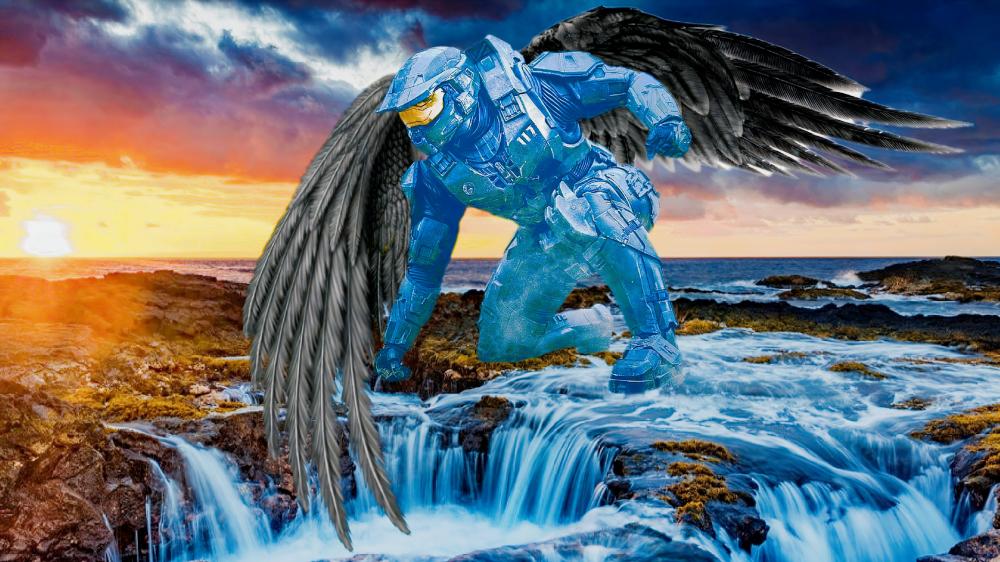 Armored Angel Descends on Rocky Shore wallpaper