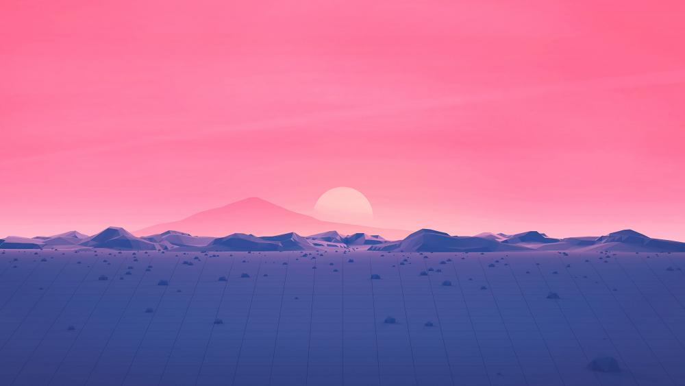 Serene Pink Sunset Over Digital Mountains wallpaper