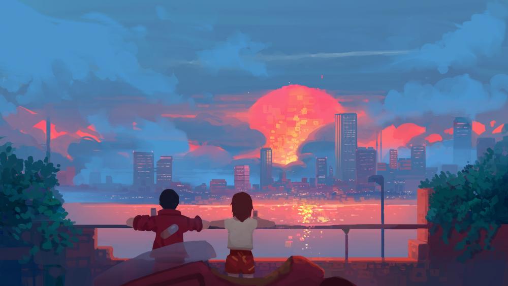 Anime Couple Embracing Sunset View wallpaper