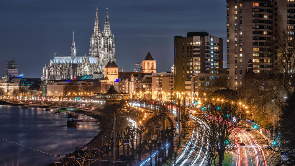 Cologne night cityscape long-exposure photography wallpaper
