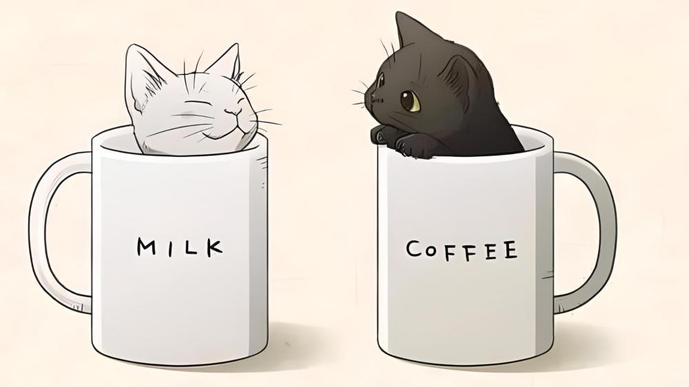 Milk white cat and coffee black cat wallpaper