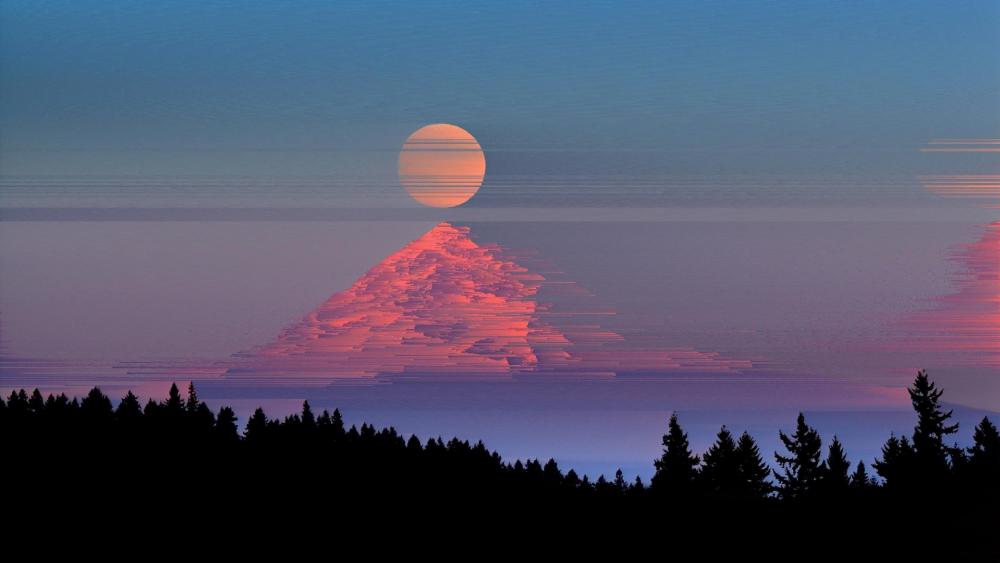 Glitched Moonrise Over Digital Mountains wallpaper