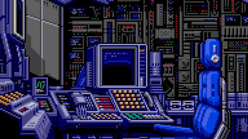 Retro Cybernetic Control Room in Pixel Art wallpaper