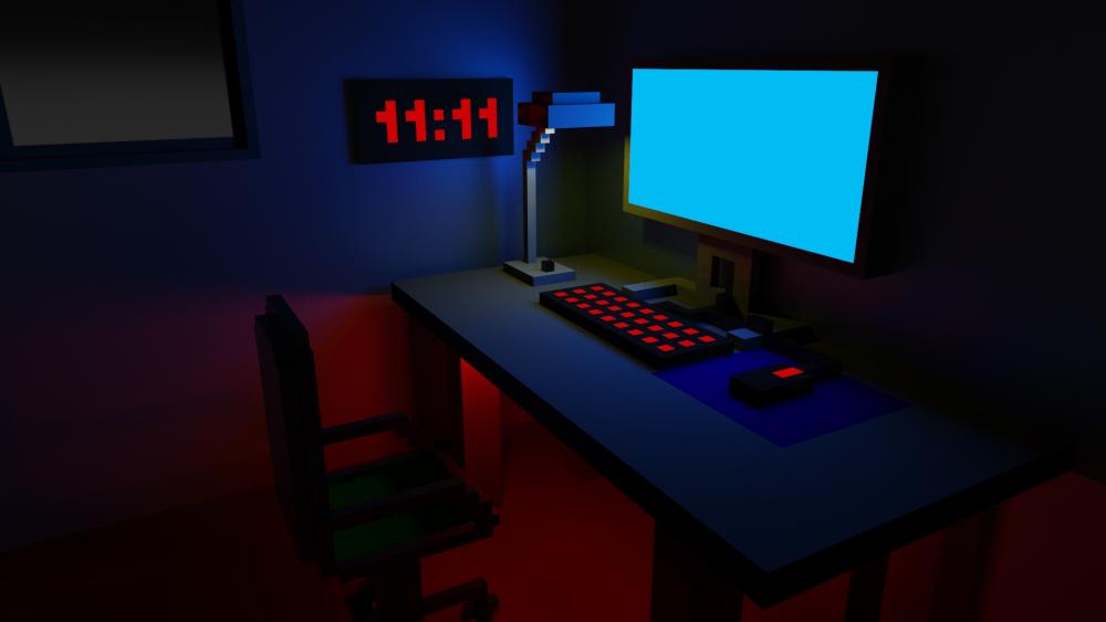 Voxel Gaming Setup in a Cozy Room wallpaper