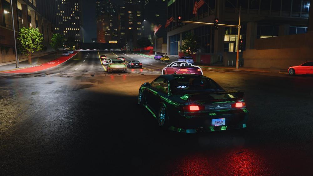 Urban Night Drive with Sleek Cars and Vibrant Lights wallpaper