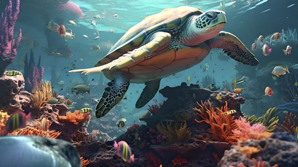 Mystical Underwater Voyage with Sea Turtle wallpaper