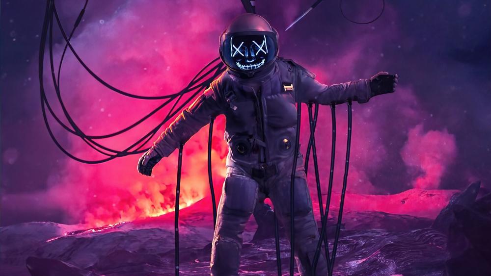Astronaut with Neon XX Smile Mask in Cosmic Setting wallpaper