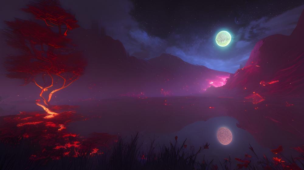 Mystical Moonlight over Crimson Lake wallpaper