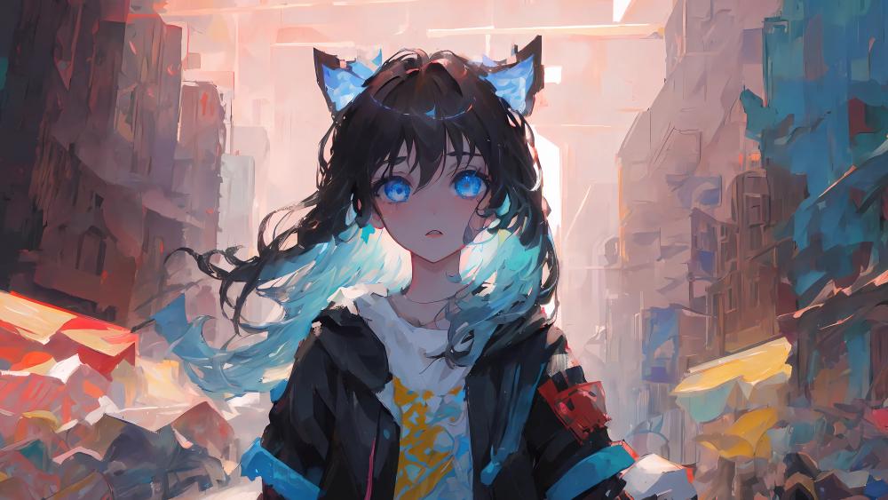 Mystical Catgirl in Urban Wonderland wallpaper