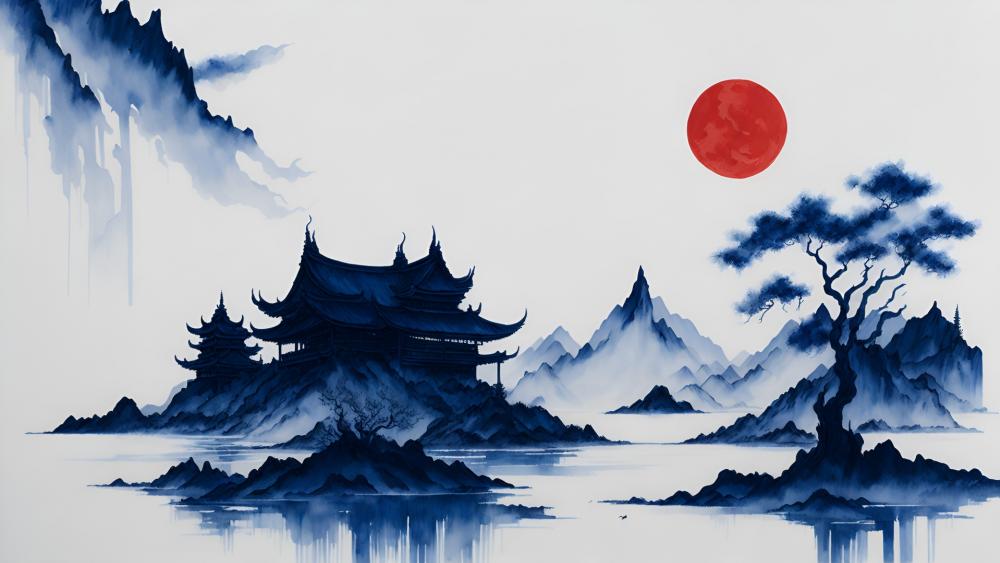 Mystical Eastern Pagoda Under a Crimson Moon wallpaper
