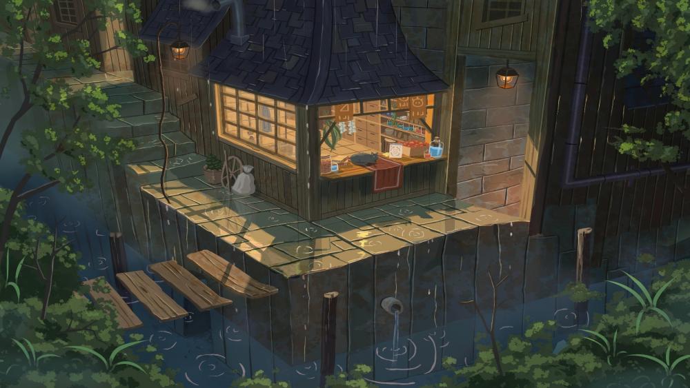 Mystical Anime Abode in Rainy Twilight wallpaper