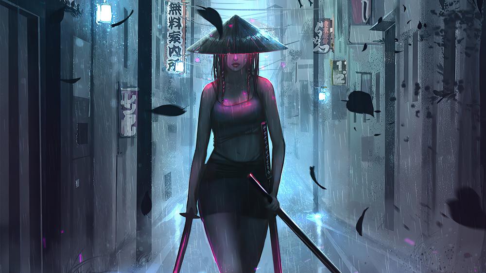 Samurai Sentinel in a Neon-Lit Alley wallpaper