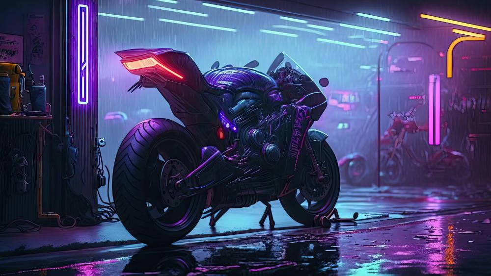 Neon Nightscape Motorcycle Fantasy wallpaper