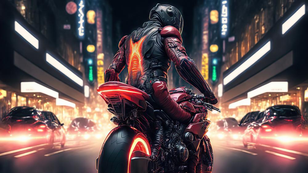 Cyberpunk Rider in Neon Metropolis wallpaper