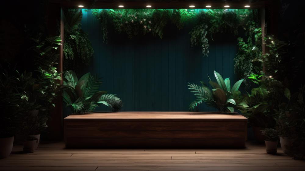 wooden-podium-green-background-with-leaves wallpaper