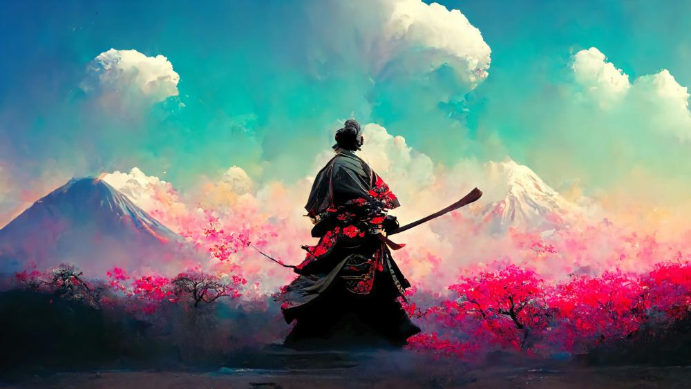 Samurai Warrior Amidst Blossoming Dreams wallpaper