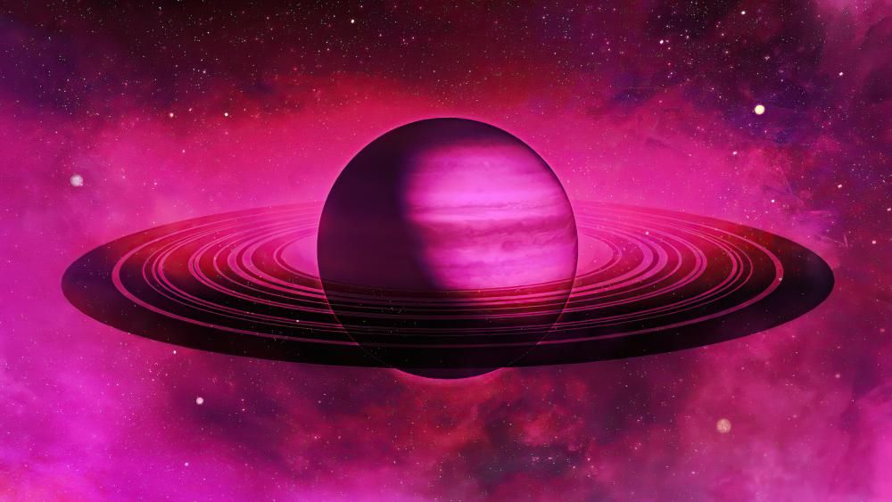 Majestic Pink Ringed Planet in Space wallpaper