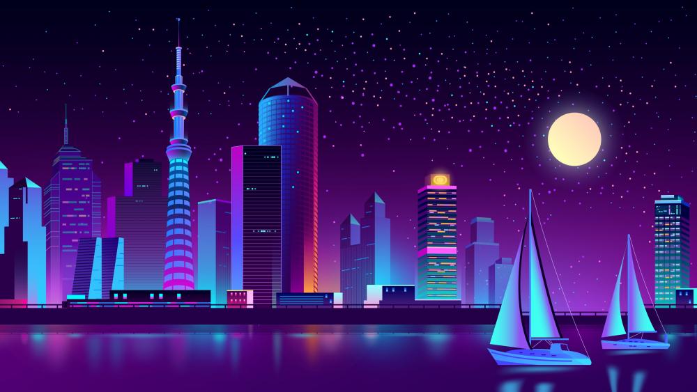 Neon Megapolis Moonlit Sailing Adventure wallpaper