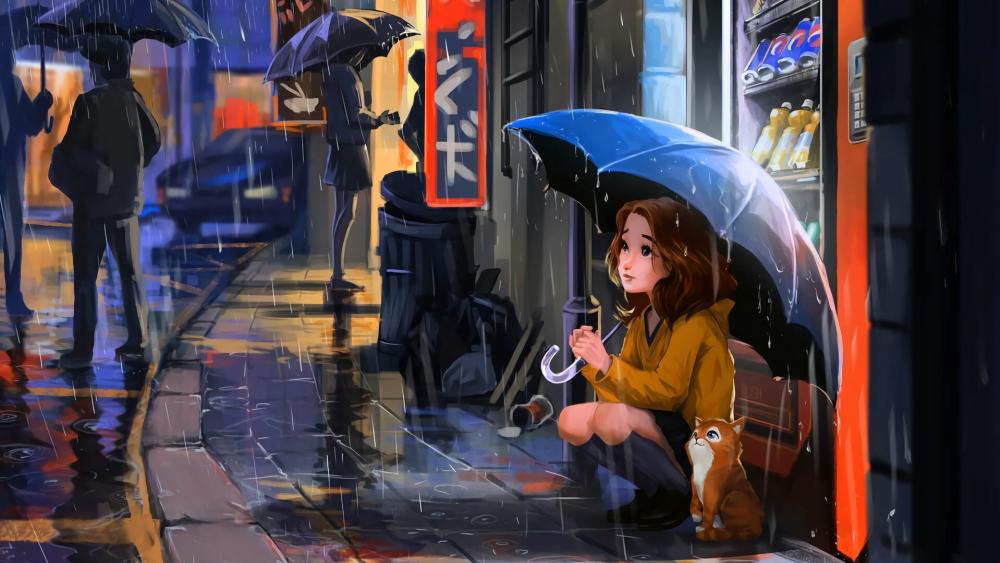 Rainy Evening in the City with a Lonely Girl wallpaper