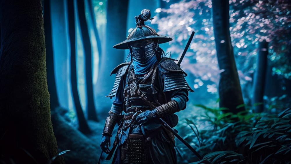 Samurai Warrior in Enchanted Blue Forest wallpaper