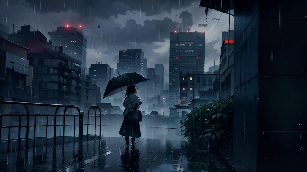 Misty Melancholy in Rainy Anime Metropolis wallpaper