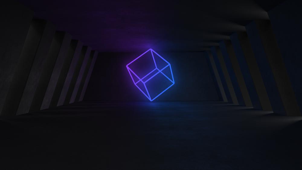 Illuminated Neon Cube in Dark Concrete Hallway wallpaper