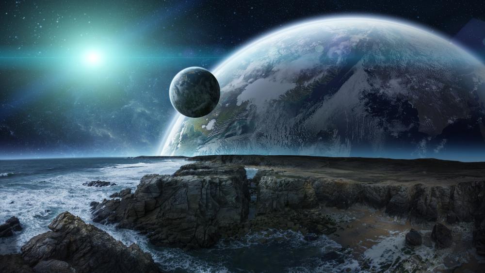 Oceanfront View of a Sci-Fi World wallpaper