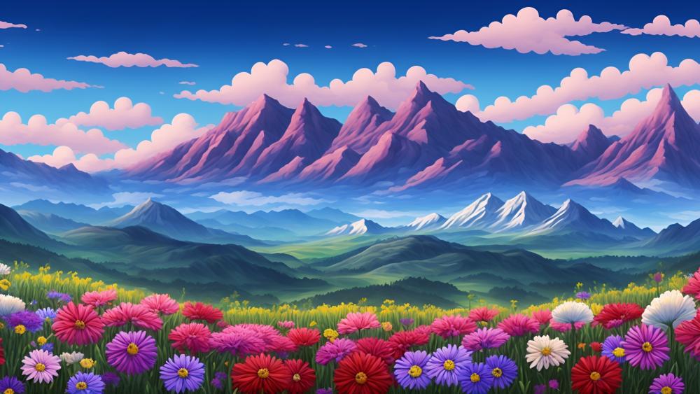 Mystical Mountain Vista in Full Bloom wallpaper