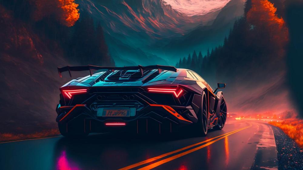 Neon Nightscape with Lamborghini Aventador wallpaper