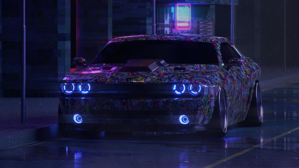 Neon Nightscape Dodge Challenger wallpaper
