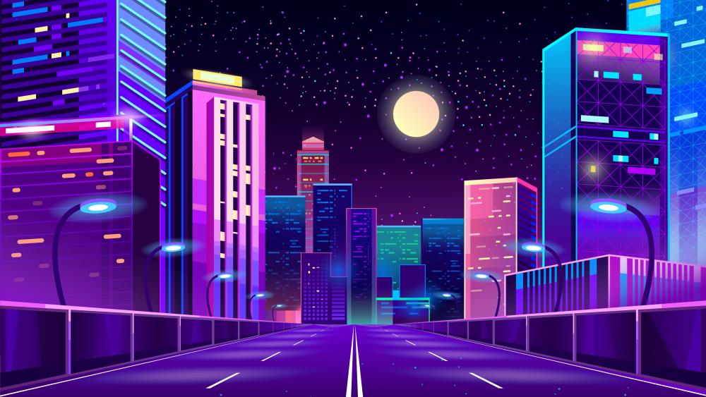 Neon City Dreams Under a Full Moon wallpaper