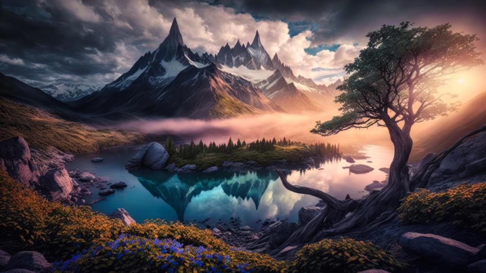 Mystical Sunrise Over Serene Mountain Lake wallpaper