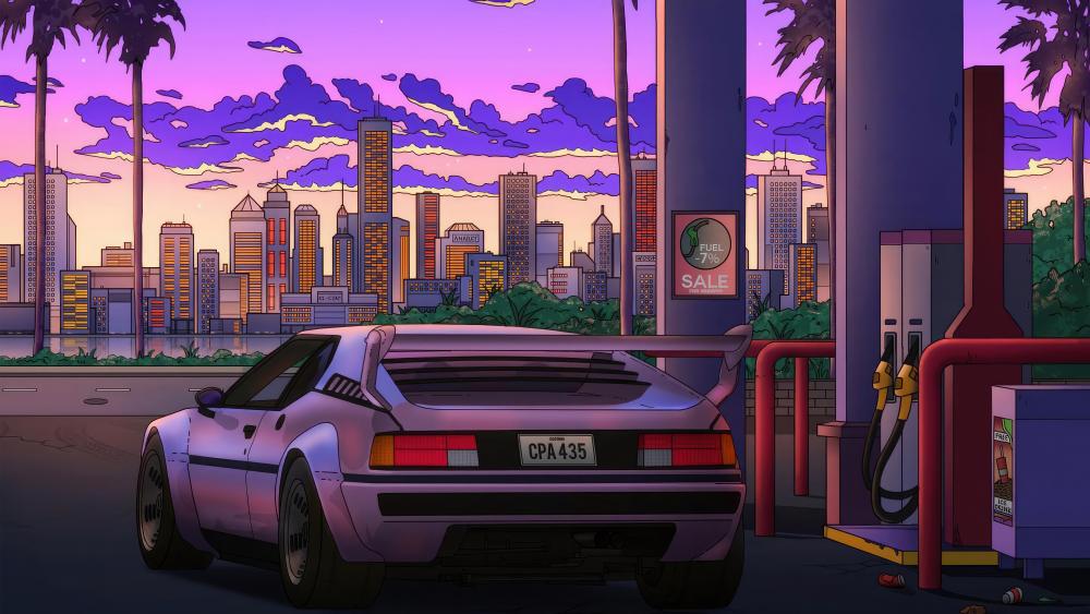 Retro Sunset at the Synthwave Gas Station wallpaper