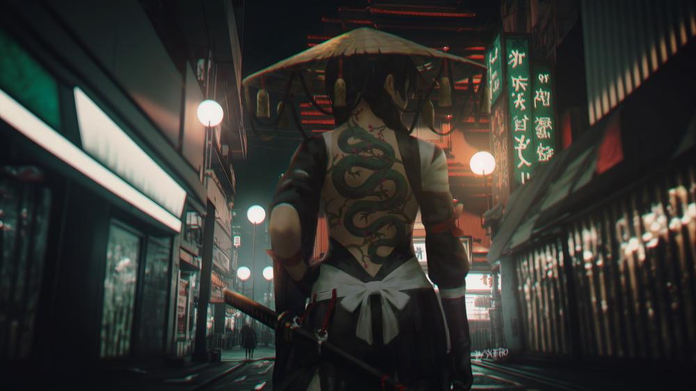 Samurai Girl in Neon-Lit Alley wallpaper