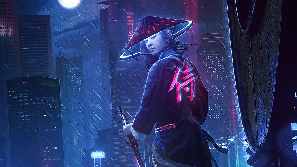 Neon Samurai Girl in a Futuristic Night wallpaper