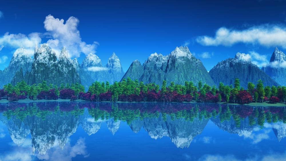 Mystic Mountain Reflections in Blue Hues wallpaper